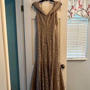 R&M Richards Gold Sequin Off the Shoulder Gown